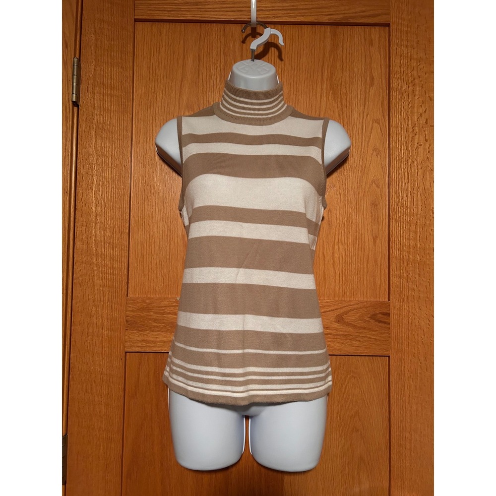 Vintage 90s White Stag Tan Cream Striped Mock‎ Neck Knit Sweater Tank Top Small